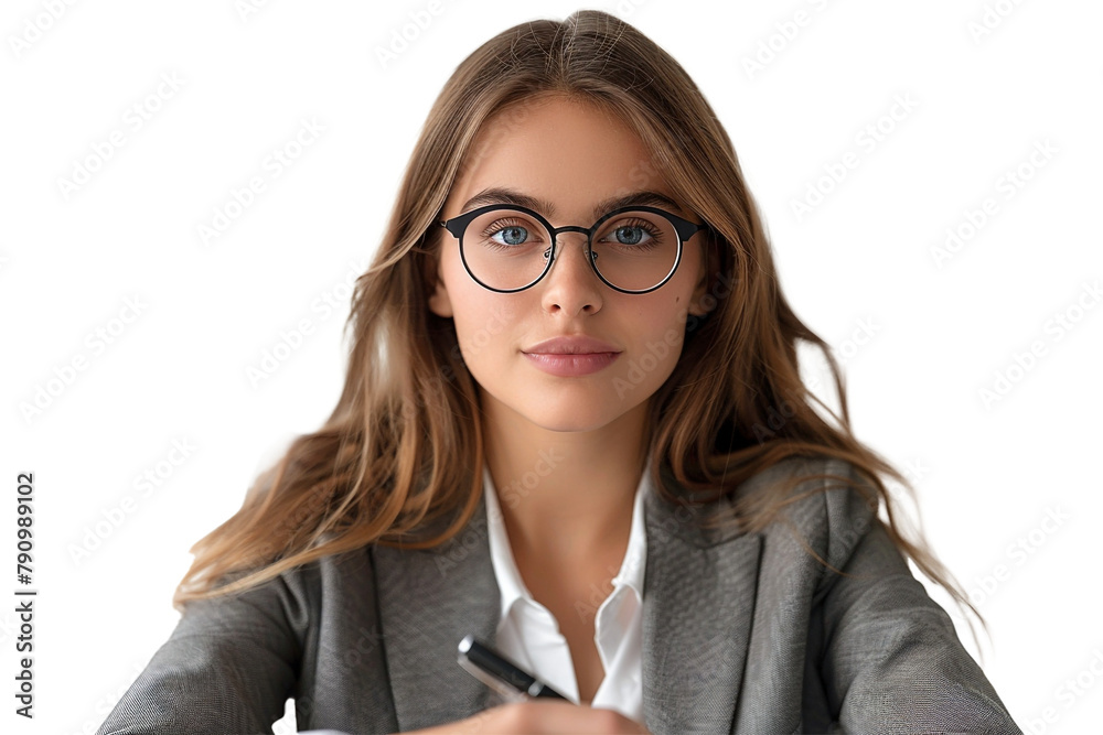 Young businesswoman in a meeting, taking notes, isolated on transparent background, png file