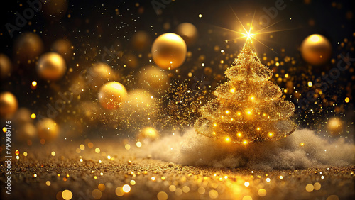 A glowing Christmas tree sparkles against a mystical backdrop, whimsically decorated with golden lights that seem to float in the air.The festive atmosphere is enhanced by glittering baubles.AI genera