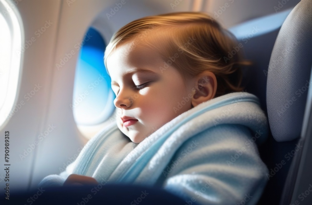 Kid sleeping inside the airplane during the flight Kid sleeping inside the airplane during the flight