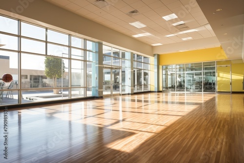 Spacious Modern Gymnasium with High Ceilings  Large Windows Allowing Natural Light  and State-of-the-Art Equipment