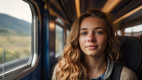 Portrait of young adventurous backpacker woman looking through the window of train to the beautiful natural scenery © triocean