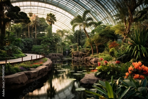 A Panoramic View of a Large Greenhouse Complex Nestled in a Lush Botanical Garden, with Various Exotic Plants and Flowers Flourishing Under the Glass Dome