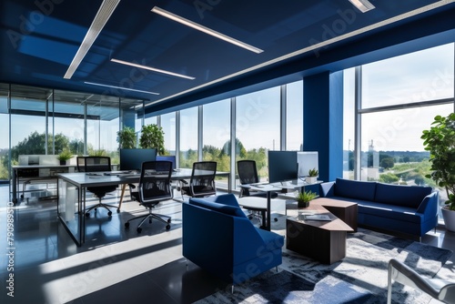 Modern Navy Blue Spacious Office with Large Windows, Sleek Furniture, and High-Tech Equipment Illuminated by Natural Light © aicandy