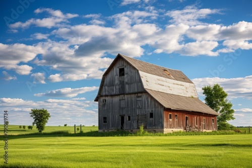 A Rustic Traditional Barn Nestled in the Heart of a Lush Green Meadow, Underneath a Brilliantly Blue Sky with Puffy White Clouds