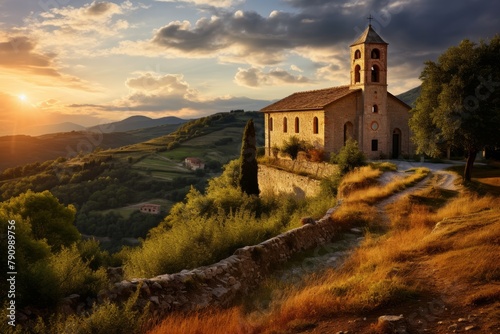 A Majestic Romanesque Church Standing Tall Amidst a Lush Green Landscape, Bathed in the Warm Glow of a Setting Sun photo
