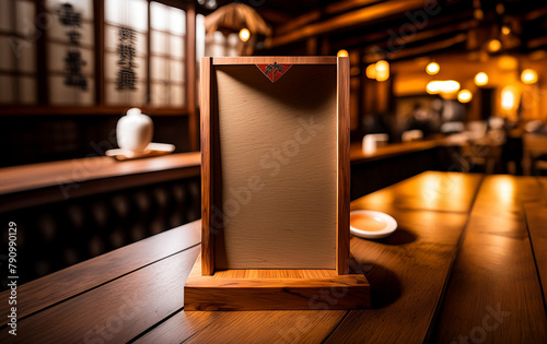 A table topper or table tent with a rectangle wood frame menu or cocktail list, blank space for custom message or design. Frame in foreground, moody space in the background with contextual elements