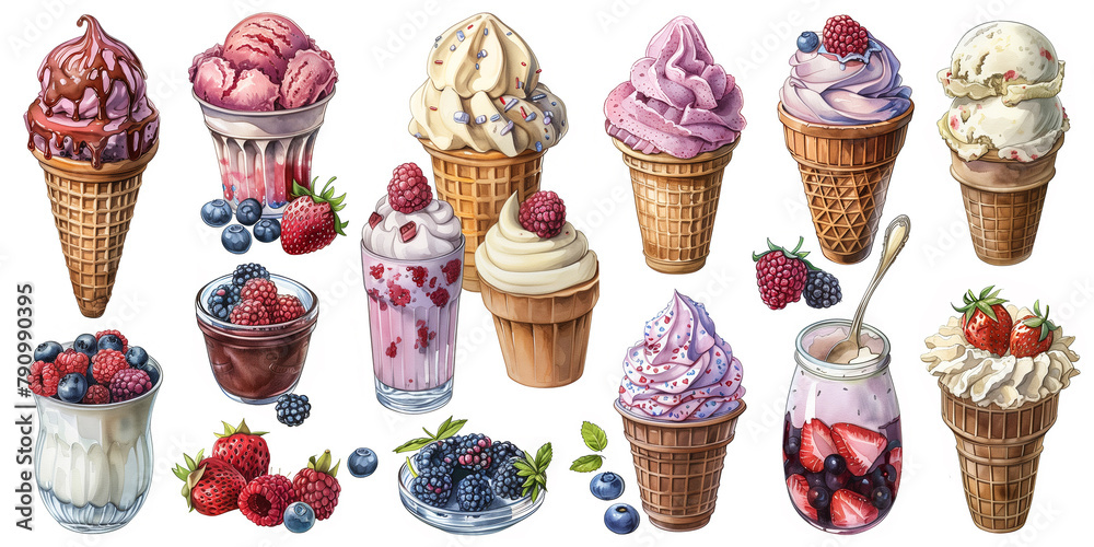 Watercolor ice cream. Delicious summer dessert, tasty ice cream, chocolate, berry and vanilla watercolor hand drawn illustration set. Cartoon ice cream collection