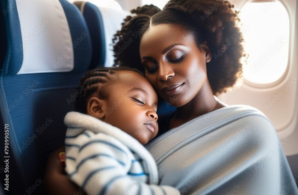 African American baby wrapped in blanket sleeping in mother's arms on airplane during flight, travel African American baby wrapped in blanket sleeping in mother's arms on airplane during flight, travel
