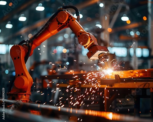 Robotic Arm Welding Metal in High Tech Factory with Sparks and Molten Illumination Capturing Gritty Industrial Ambiance and Vast Scale