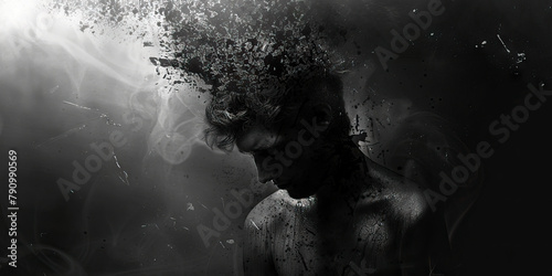Suicidal Ideation: The Dark Thoughts and Hopelessness - Visualize a person consumed by dark thoughts and feelings of hopelessness, illustrating the experience of suicidal ideation. photo