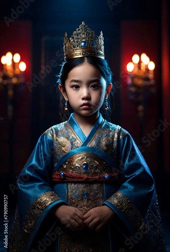 Art portrait of oriental little girl Princess Queen dressed fabulous costume, posing in mystical dark room, looking away. Mysterious romantic image, fairy tale children concept. Copy text space