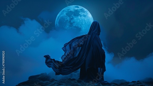 Surreal image of a woman draped in midnight blue fabrics, standing under a blue moon with her silhouette merging into the night sky