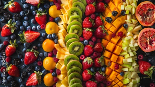 An overhead shot of a vibrant fruit salad arranged in an artistic pattern, showcasing the beauty of nature's palette. photo