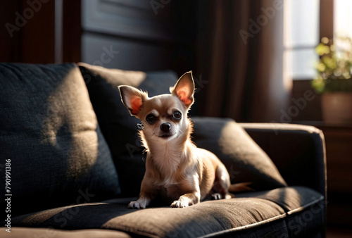 Cute Chihuahua dog on dark sofa in cozy home living room. Portrait doggy Chihuahua. Concept pet love and family friend