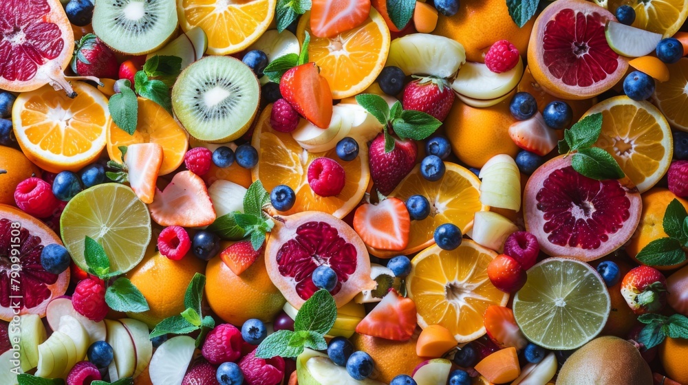 Fototapeta premium An overhead shot of a vibrant fruit salad arranged in an artistic pattern, showcasing the beauty of nature's palette.