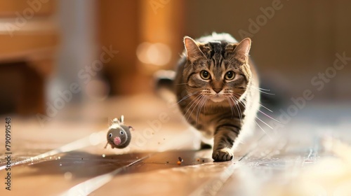 An overweight cat enthusiastically chasing after a toy mouse, exuding joy and excitement in every wobbly step. photo