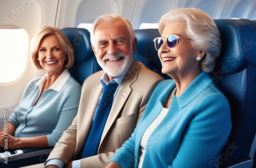 elderly happy family in airplane cabin, travel photo