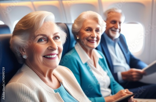 elderly happy family in airplane cabin, travel