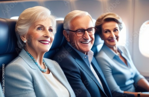 elderly happy family in airplane cabin, travel photo