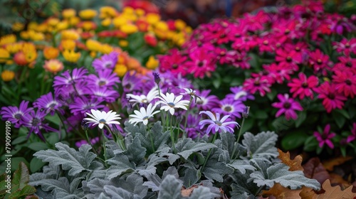 Cineraria bloom in a flowerbed during the fall