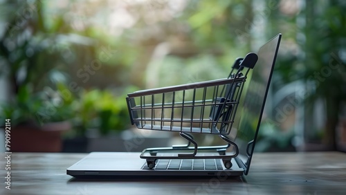 Online shopping cart with laptop in shopping cart using internet technology. Concept E-commerce, Online Shopping, Internet Technology, Laptop, Shopping Cart