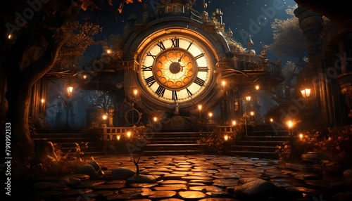 Fantasy landscape with an ancient clock. 3d rendering  3d illustration.