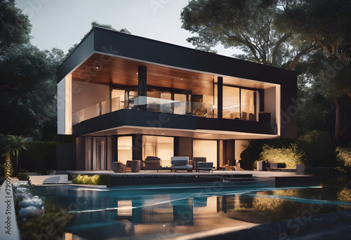 Modern Luxury Villa with Pool at Twilight - Elegant Architectural Design in a Lush Landscape © DesignByGade