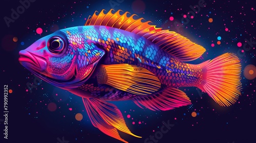 Vibrant cartoon fish with magenta fins and yellow scales in a cosmic setting