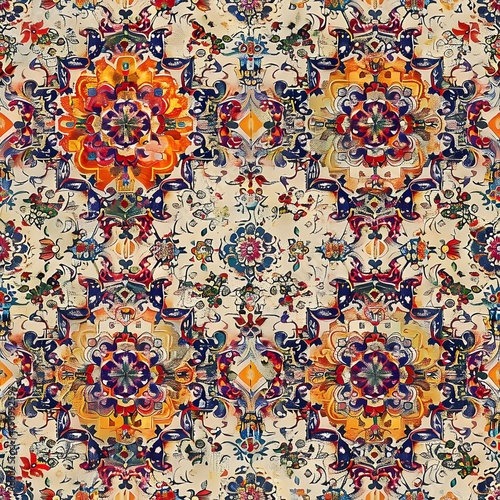 Mesmerizing Seamless Pattern of Intricate Persian Inspired Floral Motifs and Vibrant Colors Evoking the Grandeur of Ancient Textiles