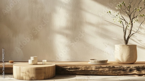 Earth-toned ceramic podium in a simple, rustic setting, grounded and natural for organic products.
