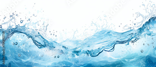 A splash of water on a white background. The splash is in the middle of the image and extends from the left to the right side