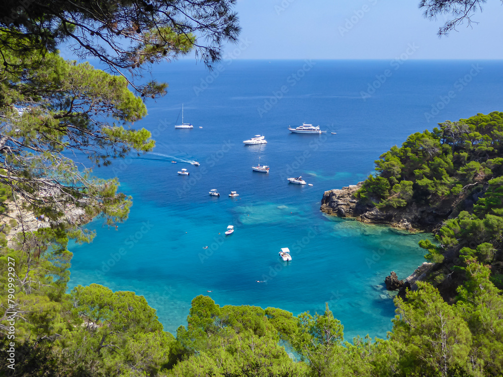 Luxury yachts in turquoise bay lagoon on Tremiti Islands (Isole Tremiti) in Adriatic Sea near the coast of Puglia, Italy, Europe. Gargano National Park in Mediterranean. Paradise destination in summer