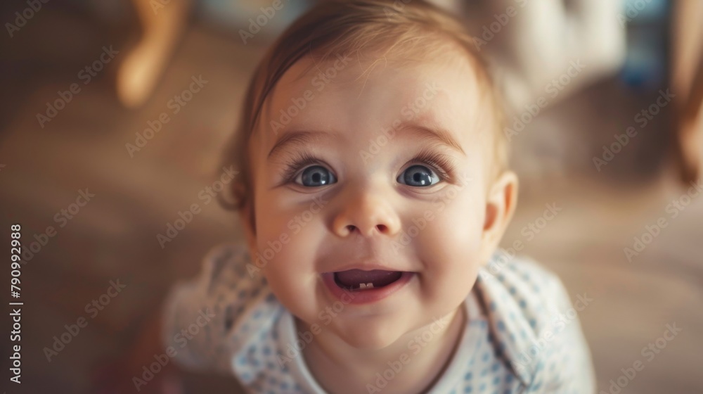 Close-up of a cute toddler taking their first steps, a proud smile lighting up their face. Close-up of a cute toddler taking their first steps, a proud smile lighting up their face.