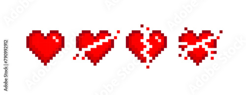 Vector pixel hearts with broken animation in retro 8-bit game style. Red pixel heart scale wasting lives in vintage video game. Brokern and explosion pixel heart	