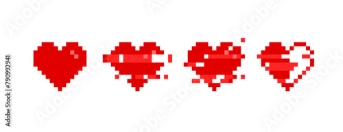 Vector Pixel Hearts icons set with glitch effect animation in retro 8-bit video game style - isolated vector on background	

