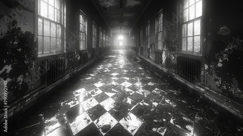 Eerie hallway in an abandoned asylum with sunlight streaming through windows