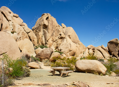 Joshua Tree National Park picnic area next to the rocks and boulders formation. Travel concept