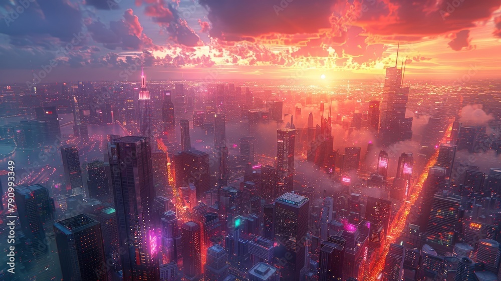 Futuristic cityscape illuminated by vibrant neon lights under a surreal sky