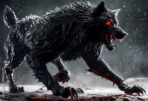 Midnight Marauder: Menacing Black Wolf in a Snowstorm with Crimson Eyes © DesignByGade