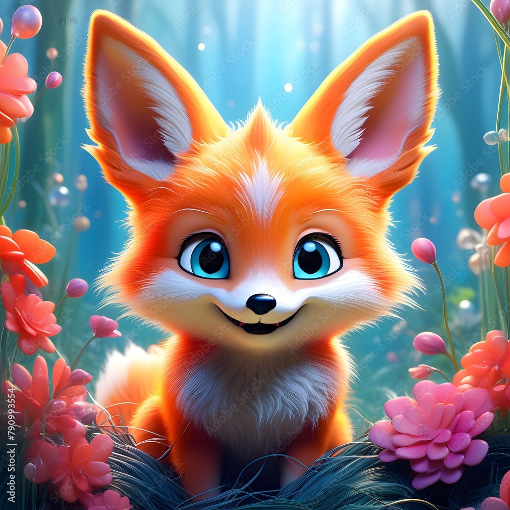 Cute smiling baby fox cub bushy tail, garden with pink flowers buds, cartoon, for kids, children's items occasions 