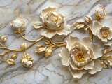 A gold and white flower arrangement is displayed on panel wall art, marble background . The flowers are arranged in a way that creates a sense of movement and flow