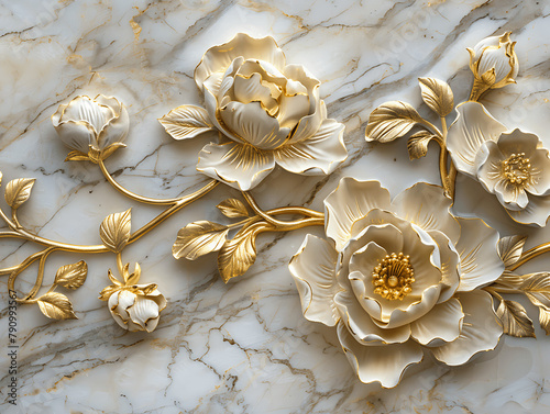 A gold and white flower arrangement is displayed on panel wall art, marble background . The flowers are arranged in a way that creates a sense of movement and flow