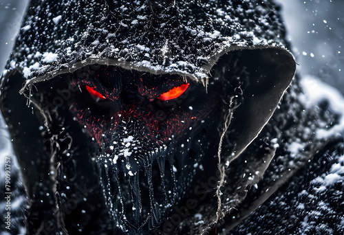 Frozen Gaze: Intense Red Eyes Emerge from Snowy Warrior Mask