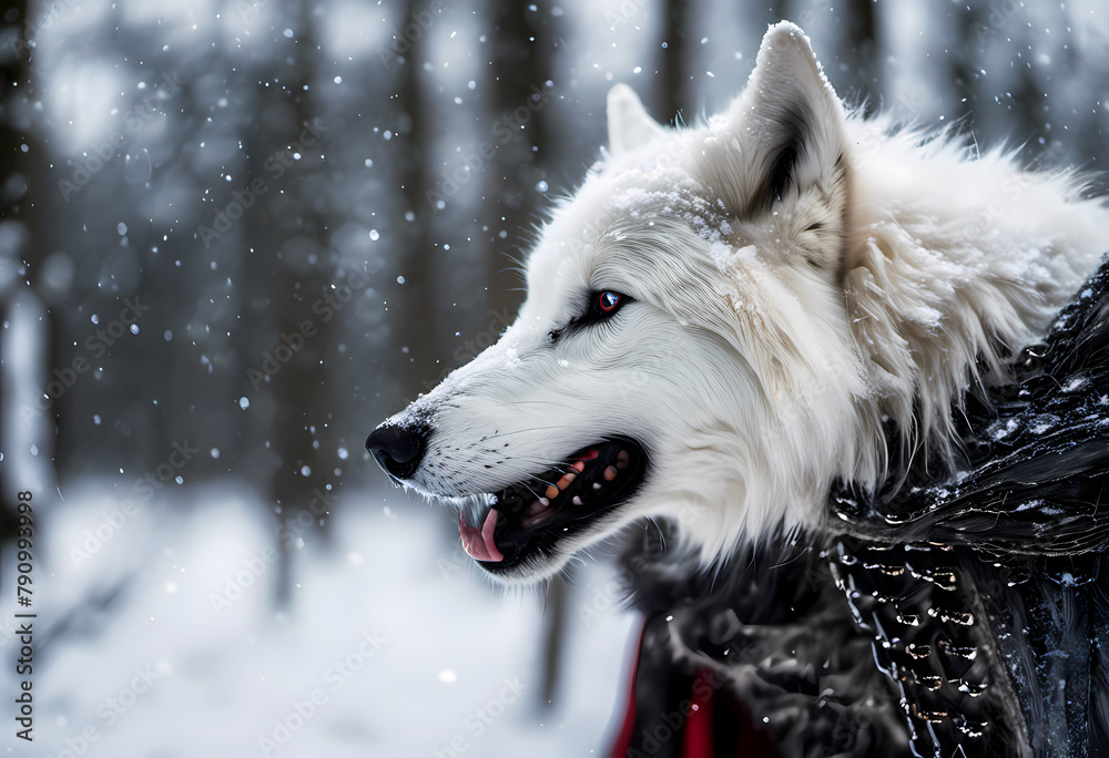 Obraz premium Winter's Sentinel: Majestic White Wolf in Snowy Norse Wilderness