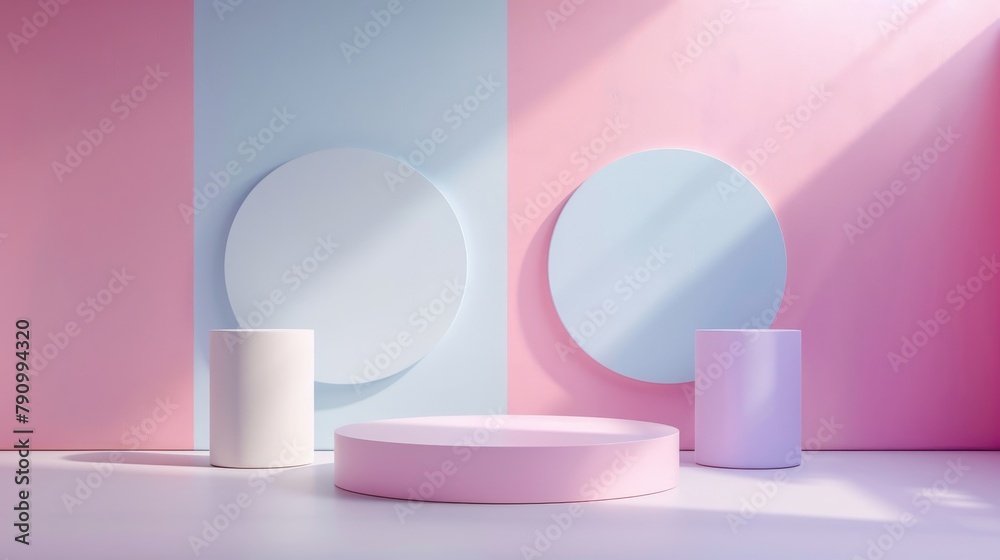 Minimal geometric podium in soft pastel shades, perfect for a modern art gallery display. Minimal geometric podium in soft pastel shades, perfect for a modern art gallery display.