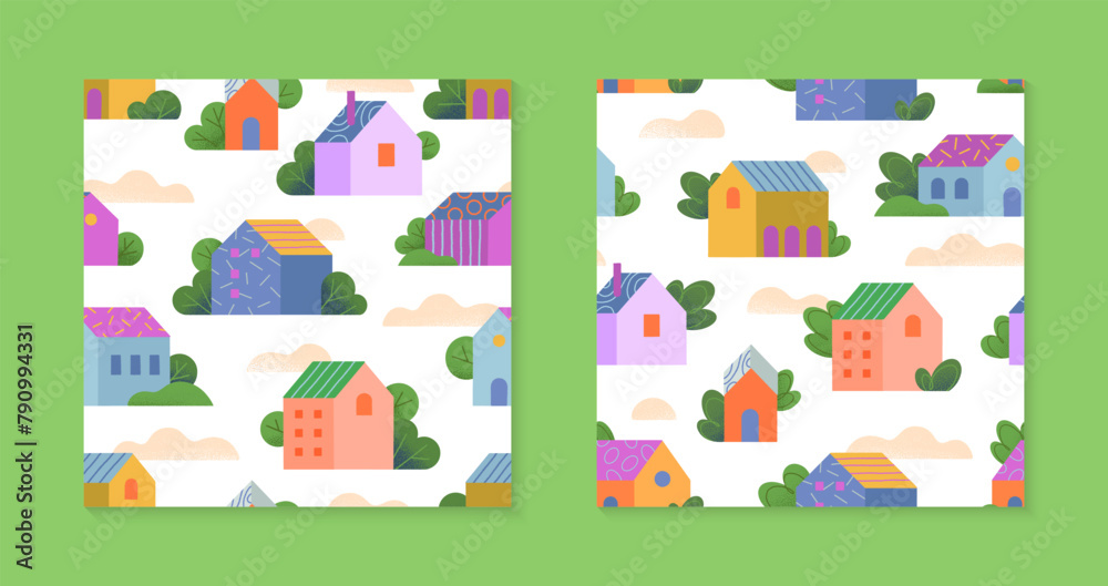 Vector seamless patterns with hand drawn houses,trees and clouds.Countryside in the spring or summer.Green eco town wallpapers for smm,fabric,branding,prints,promo offers. Vector seamless patterns with hand drawn houses,trees and clouds.Countryside in the spring or summer.Green eco town wallpapers for smm,fabric,branding,prints,promo offers.