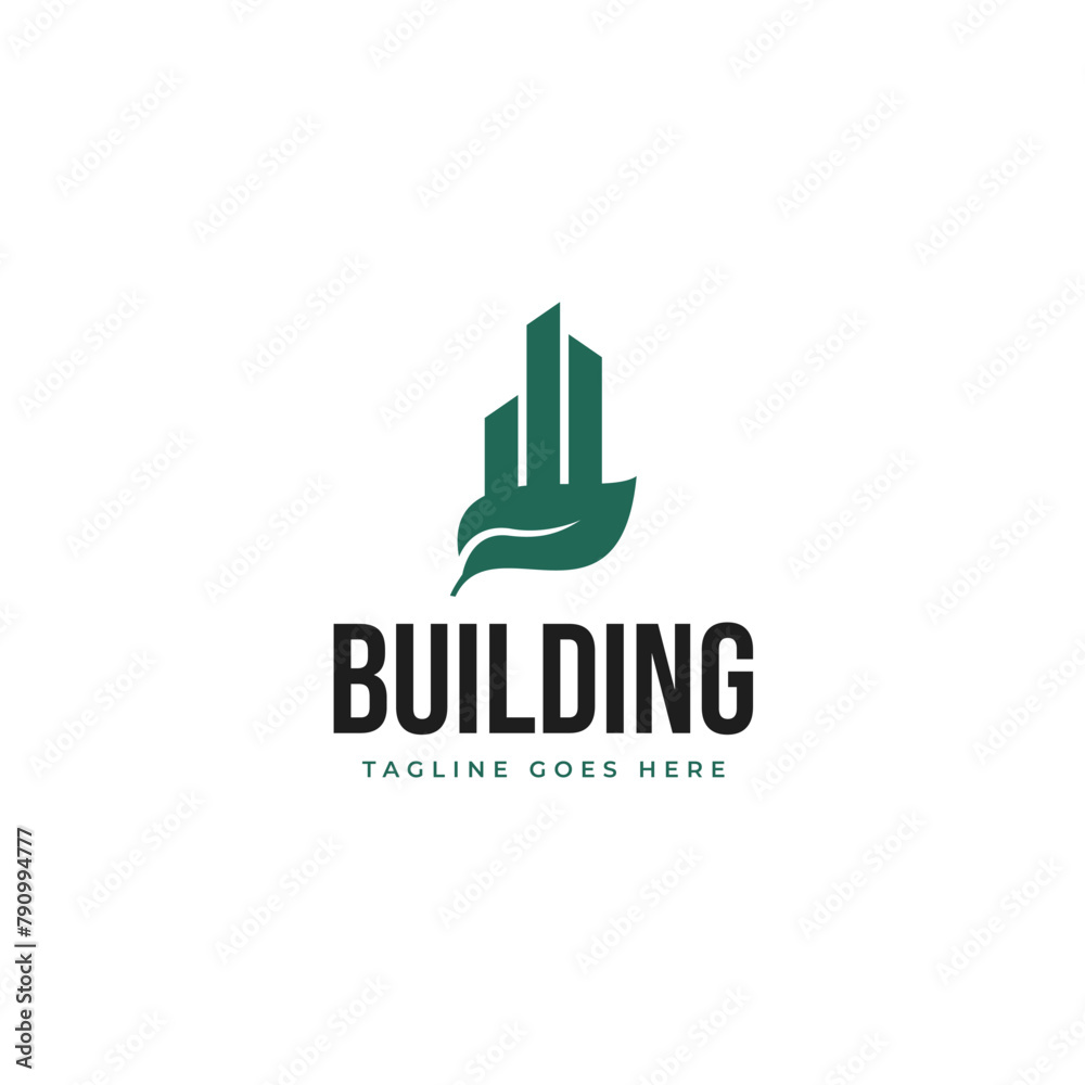 Fototapeta premium Green city building with leaf logo design illustration idea