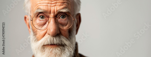 A old man with glasses and a beard is staring at the camera. He has a serious expression on his face. portrait of an old man, white background