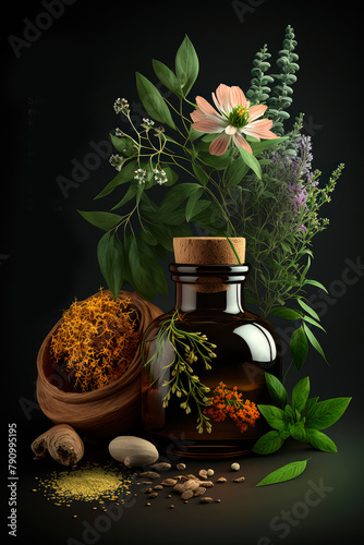 essential oil spa herbs and flowers. Generative AI, © Erik