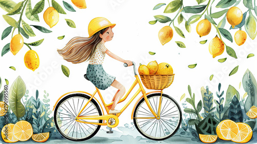 Watercolor illustration of girl rides on the yellow bike with lemons in the basket, summer time, travel concept photo